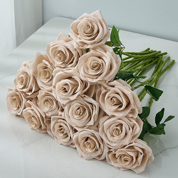 15pcs Fake Roses Artificial Silk Flowers Nude Faux Rose Flower Long Stems Bouquet for Arrangement Wedding Centerpiece Party Home Kitchen Decor (VASE is NOT INVLUDED)