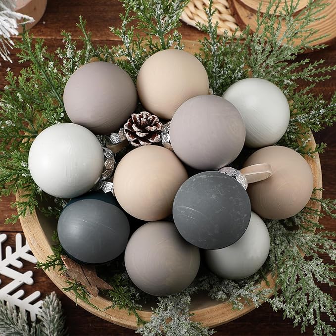 12 Pcs Neutral Matte Christmas Ball Ornaments 2.4 Inch Rustic Boho Gray Charcoal Beige White Xmas Bulbs Ornament Vintage Xmas Baubles Modern Christmas Decor for Tree Farmhouse Decor