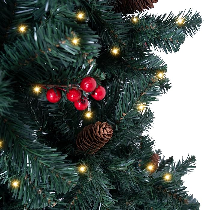 Naomi Home 9ft Pencil Christmas Tree with Lights, Realistic Pre-Decorated Slim Christmas Tree Prelit with 1457 Branch Tips, 500 Warm Lights and Metal Stand, Aritificial Xmas Tree