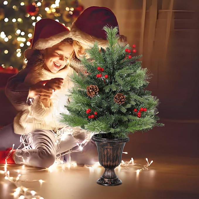 GarveeHome 2 Ft Artificial Mini Christmas Tree, Tabletop Christmas Tree with 40 LED Warm Lights, Mini Xmas Tree with Pine Cone & Red Berry for Tabletop, Home, Office, Holiday, Indoor and Outdoor Decor