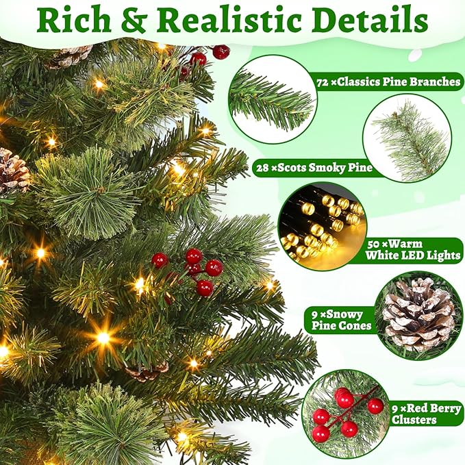 Timer - 3FT Christmas Tree with Lights, Real Touch Small Table top Christmas Tree 50 Warm White LED,100 Smoky Pine Branches Pinecone Berry,Burlap Base Artificial Mini Cedar Xmas Tree Indoor Home Decor