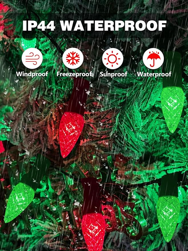 2 Pack C6 Christmas Lights Outdoor Indoor, Total 200 LED 66 FT Connectable Christmas String Lights with Timer & 13 Modes, Waterproof Twinkle Light for Xmas Tree Party Yards Decorations (Red and Green)