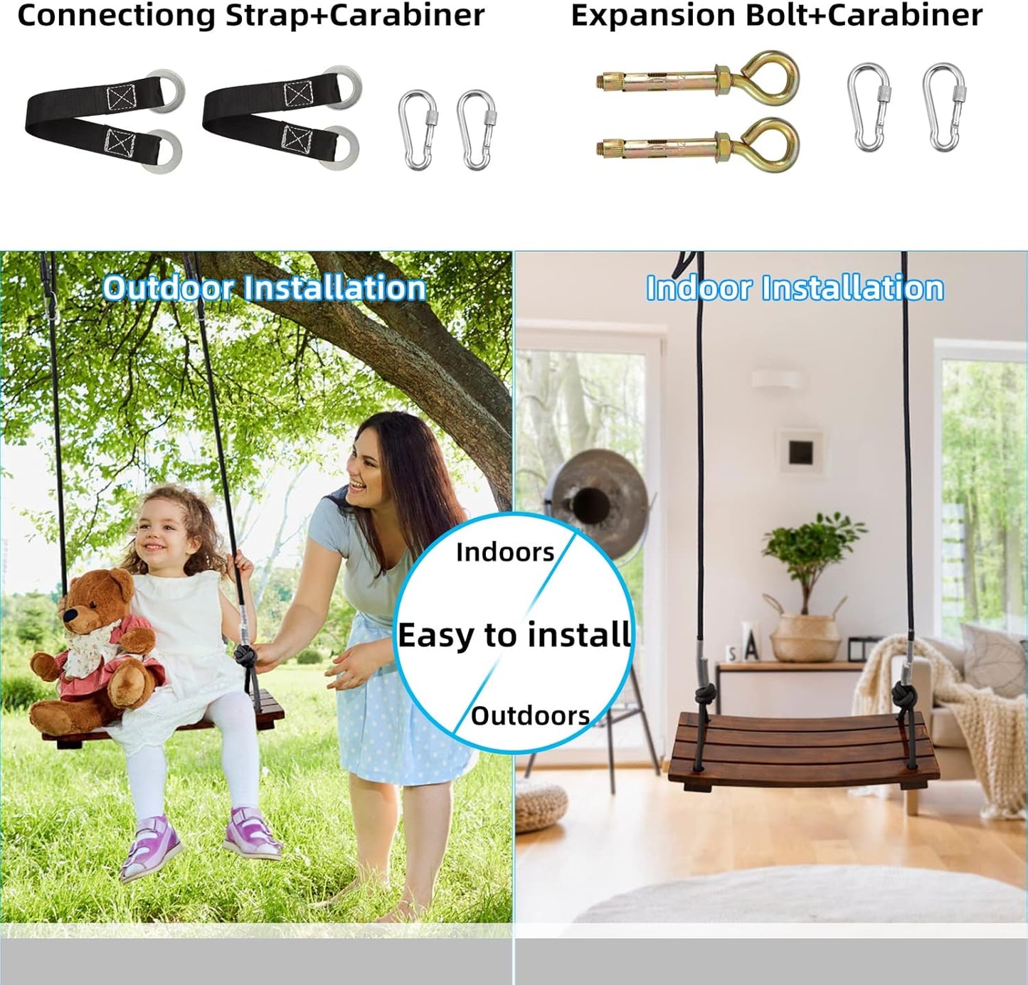 PELLOR Anticorrosive Wood Swing Seat - Waterproof, Indoor/Outdoor, 17.7x7.9x0.6 inch