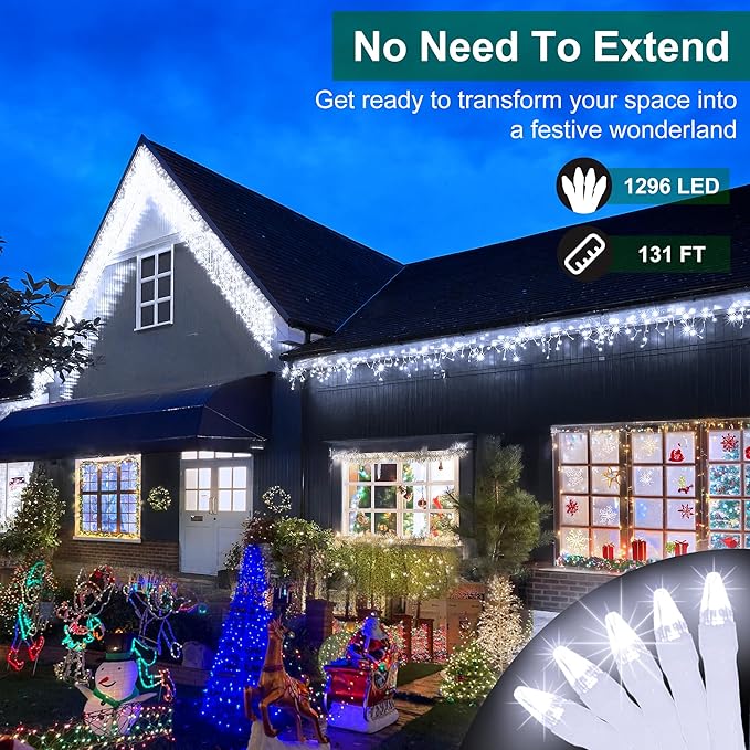1296 LED Outdoor Christmas Lights with 288 Drops, 131FT ChristmasLights with 8 Modes Timer, Christmas Twinkly Lights IP44 Waterproof for Eaves Yard Room Holiday Wedding Party Decor(Cool White)