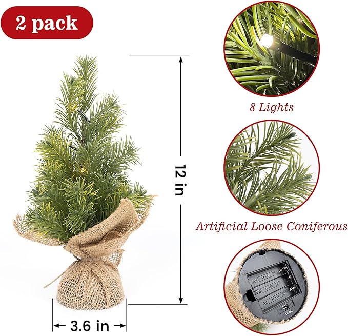 Set of 2 Mini Christmas Tree, 12 in Pre-lit Tabletop Xmas Decorations with 8 Warm LED Lights, Battery Operated with Timer, Burlap Base Artificial Pine Tree for Indoor Desk Office Dorm