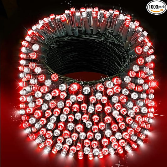 XURISEN 403FT 1000 LED Christmas Lights Outdoor Green Wire String Lights 8 Modes with Timer Memory Waterproof Fairy Light Plug in for Xmas Tree Wedding Yard Party Holiday Decorations(Red+White)