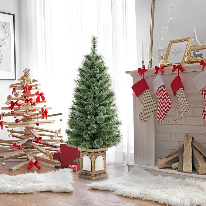 HAPPYGRILL 4 FT Pre-Lit Artificial Xmas Tree with Pine Needles, Christmas Entrance Tree with 116 Branch Tips, 100 LED Lights & Cement-Filled Base, Remote Control