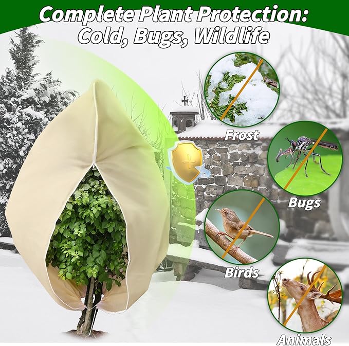 Plant Covers Freeze Protection: 4 Pack 90Hx75W Inch Large Heavy Duty Frost Cloth with Zipper Drawstring, 2.2oz/yd² Frost Blankets for Outdoor Plants, Shrub Trees, Winter & Garden, Beige