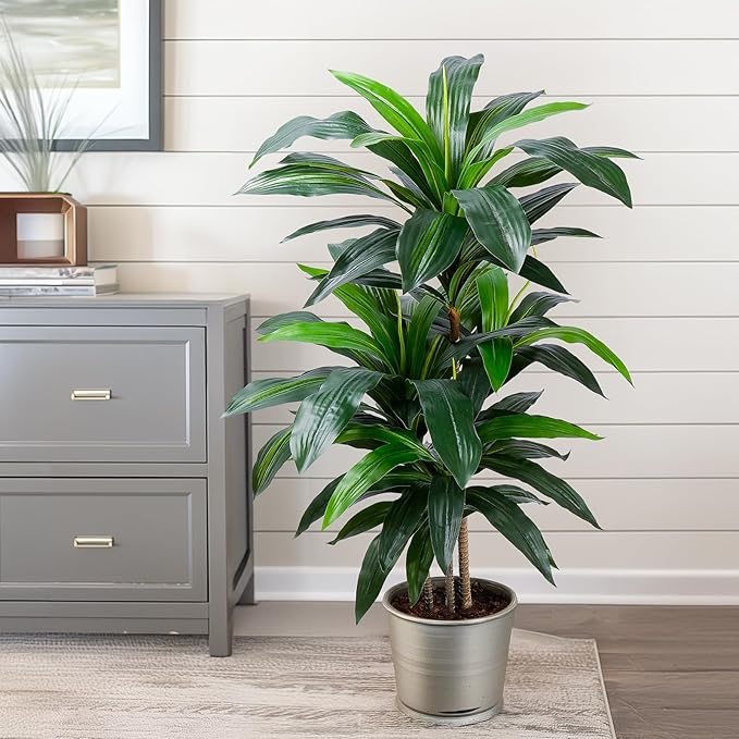 Artificial Dracaena Tree 4FT, Fake Tree with Plastic Pot, Fake Tropical Yucca Floor Plant, Lifelike Foliage and Branches, Artificial Plants Indoor for Home Office Living Room Decor Indoor