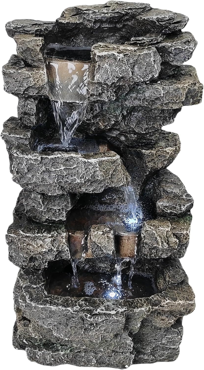 Tabletop Rock Waterfall Fountain with Led Lights - Indoor Decorative Desk Water Fountain, Multi-Tier Design, Quiet and Soothing, 6.29" l x 4.33" w x 11.02" h