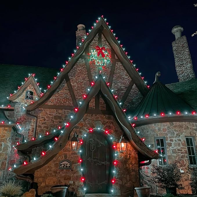 Dazzle Bright C9 Christmas String Lights, 100 LED 66 FT Waterproof Connectable Green Wire Fairy Lights, Christmas Lights for Indoor Outdoor Home Garden Yard Xmas Tree House Decorations (Red and White)