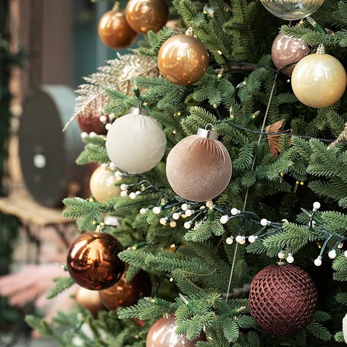 Christmas Ball Ornaments, 15 Pcs White & Coffee Ornaments with Velvet, Multicolor Xmas Decorations for Christmas Tree Holiday Decor