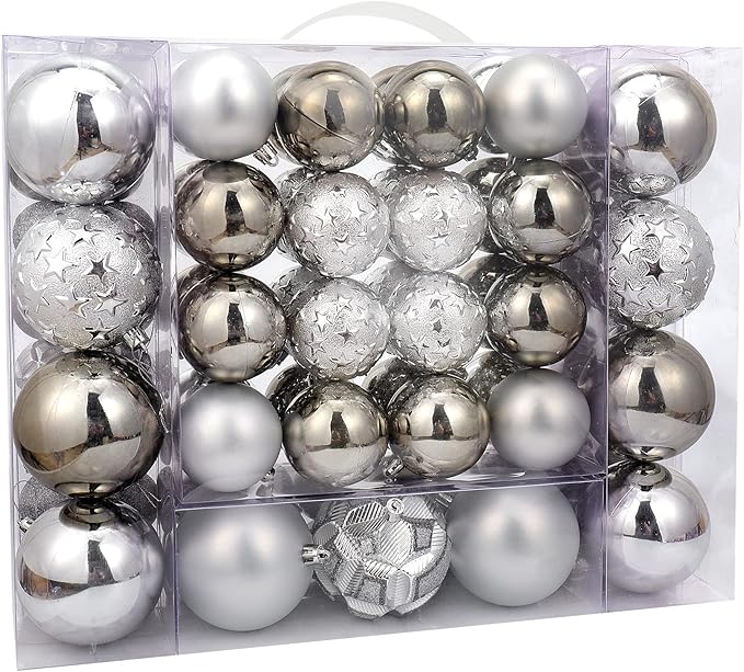 87ct Christmas Ball Ornaments Set Shatterproof Seasonal Hanging Decorations with Reusable Hand-held Gift Package for Xmas Tree Holiday Party and Home Decor, Silver