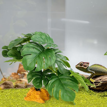 2Pcs Reptile Plants for Terrarium, Amphibian Habitat Decor Plant, Snake Tank Accessories, Artificial Plants for Gecko Lizard Chameleon Tortoise with Base - Fake Monstera