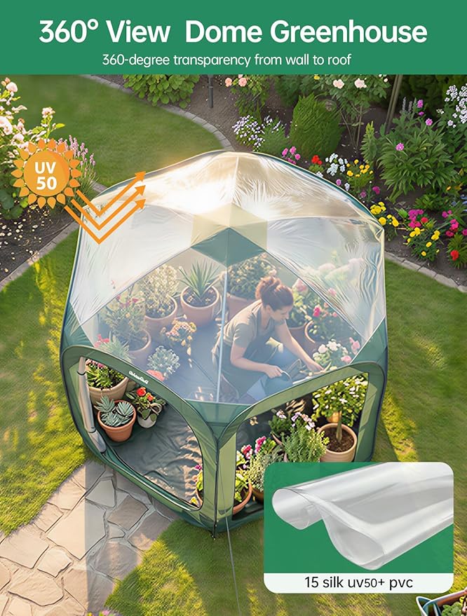 Porayhut Pop up Greenhouse Tent,Portable Large Walk-in Plant House 10’X10’ ,Indoor Outdoor Gardening Plant Sunshine Room with PVC Mesh Cloth Cover for Protecting Plant from Cold Frost & Birds