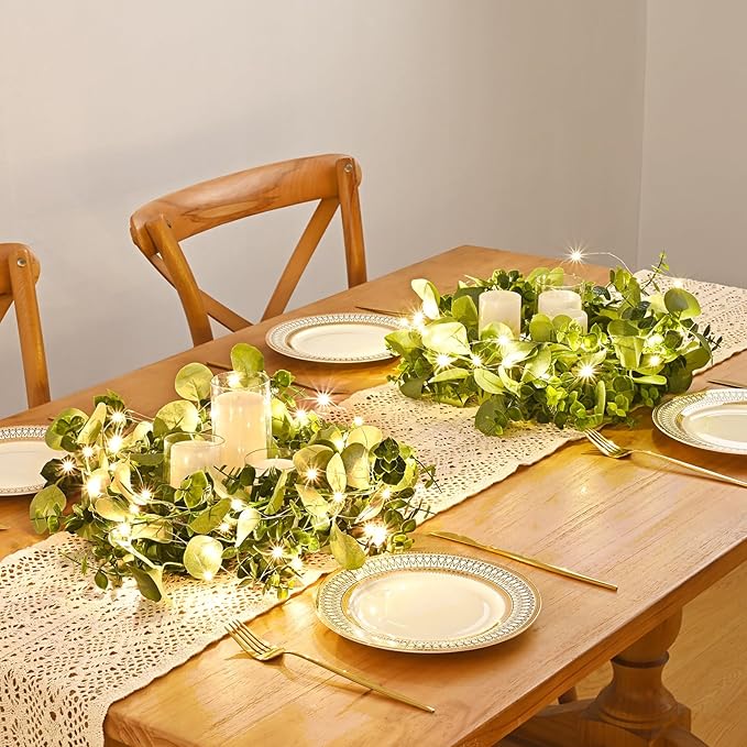 Dolicer 4 Packs 6FT Artificial Eucalyptus Garland with LED Light String, Faux Greenery Garland Hanging Fake Silver Dollar Eucalyptus Leaves Vines for Wedding Backdrop Arch Table Wall Party Home Decor