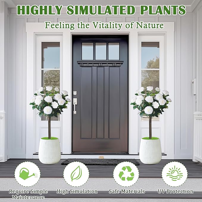 Sunnyglade 35.5" Set of 2 Artificial Camellia Tree, Faux White Camellia Flowers Plant with Spike Fake Silk Flora Topiary Plants Tree for Indoor, Garden, Yard, Porch, Patio Decoration