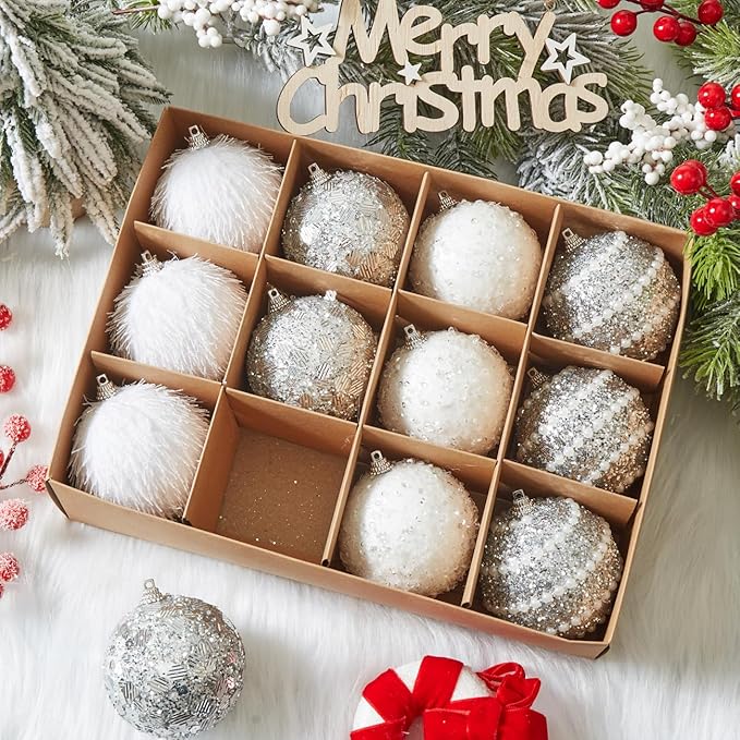 Silver Christmas Ball Ornaments, Christmas Ball Decorations Shatterproof Plastic Hanging Pearl Balls for Holiday Party(70mm/2.76", 12ct)