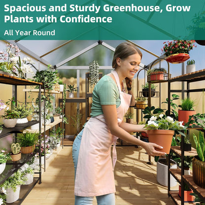 6x8 FT Greenhouse, Large Aluminum Greenhouses for Outdoors, Heavy Duty Polycarbonate Greenhouse with Roof Vent, Walk-in Green Houses for Winter Garden, Backyard, Patio, Lawn, Easy Assembly