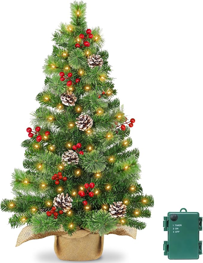 Timer - 3FT Christmas Tree with Lights, Real Touch Small Table top Christmas Tree 50 Warm White LED,100 Smoky Pine Branches Pinecone Berry,Burlap Base Artificial Mini Cedar Xmas Tree Indoor Home Decor