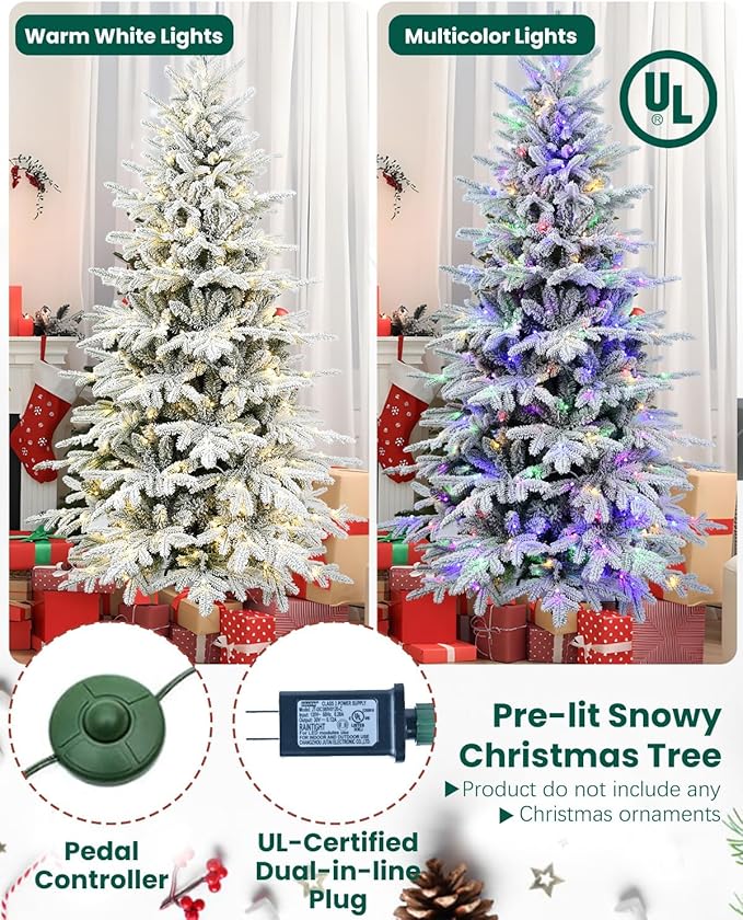 Prelit Christmas Tree 7ft, Artificial Flocked Christmas Tree with 400 Warm White & Multicolor Lights, 2086 PE PVC Tips, LED Frosted Xmas Tree with Snow, 9 Color Modes, Hinges, Home Decor