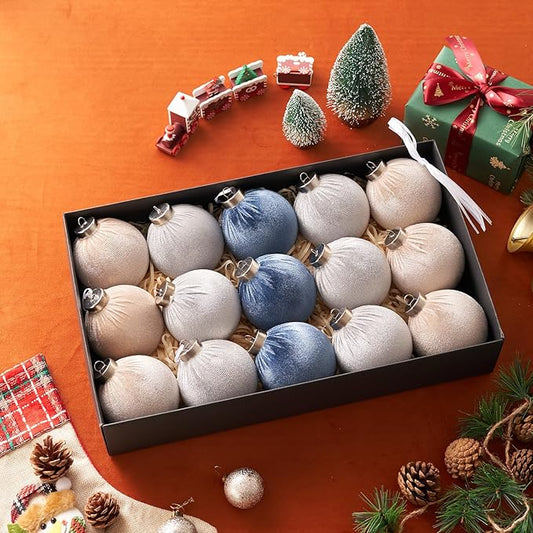 Christmas Ball Ornaments, 15 Pcs Blue & White Ornaments with Velvet, Multicolor Xmas Decorations for Christmas Tree Holiday Decor
