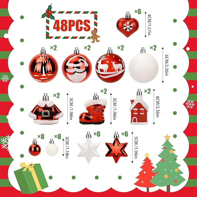 48PCS Christmas Balls Ornaments Set,Shatterproof Plastic Ball Set with Hanging Strings,Hanging Ball Ornaments for Xmas Christmas Tree Decorations,Early Ideas