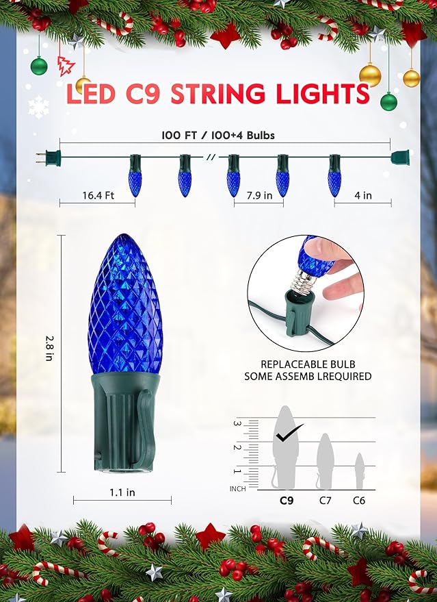 Minetom C9 Christmas String Lights, 100 Ft Blue C9 Outdoor Christmas Lights with 100 Strawberry C9 Led Bulbs, Connectable UL Certified for Outdoor Indoor Roofline Holiday Backyard Xmas Decor