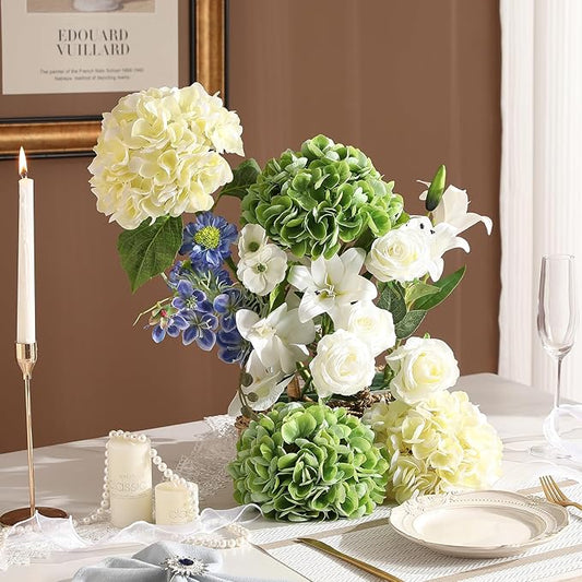 Nubry 22.44In Hydrangea Artificial Flowers, 4Pcs Latex Faux Real Touch Large Hydrangea Flowers with Long Stems & Leaves for Home Office Decor Wedding Party Arrangements(Beige&Green)