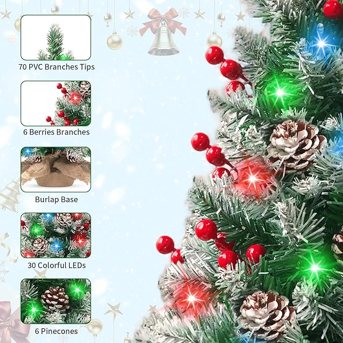 Pre-lit Mini Christmas Tree 20 Inch Small Tabletop Xmas Tree with 30 LED String Lights Locking Snow Frost Tips Berries Wood Base Ornaments Tabletop Artificial Pine Tree for Christmas Decoration