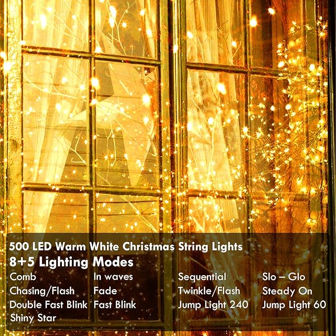 180FT 500LED Extra-Long String Lights Indoor Outdoor Clear Wire, Warm White Christmas String Lights, Plug in Twinkle Fairy Light With Timer and Memory For Wedding Patio Tree Yard Christmas Decorations