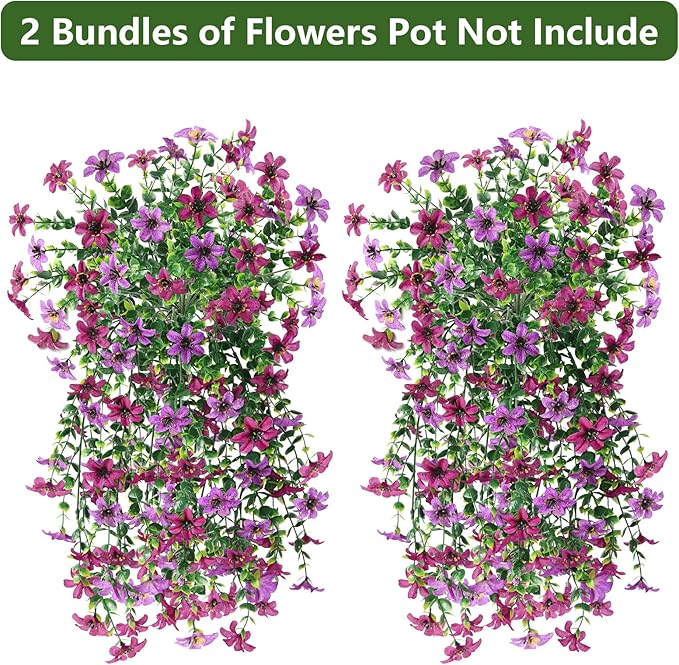 Homsunny Artificial Faux Hanging Flowers Plants for Outdoor Summer Decoration, 2 PCS Fake Silk Flowers for Outside Daisy Planter UV Resistant Look Real for Patio Porch Home Decor(Mix Purple)