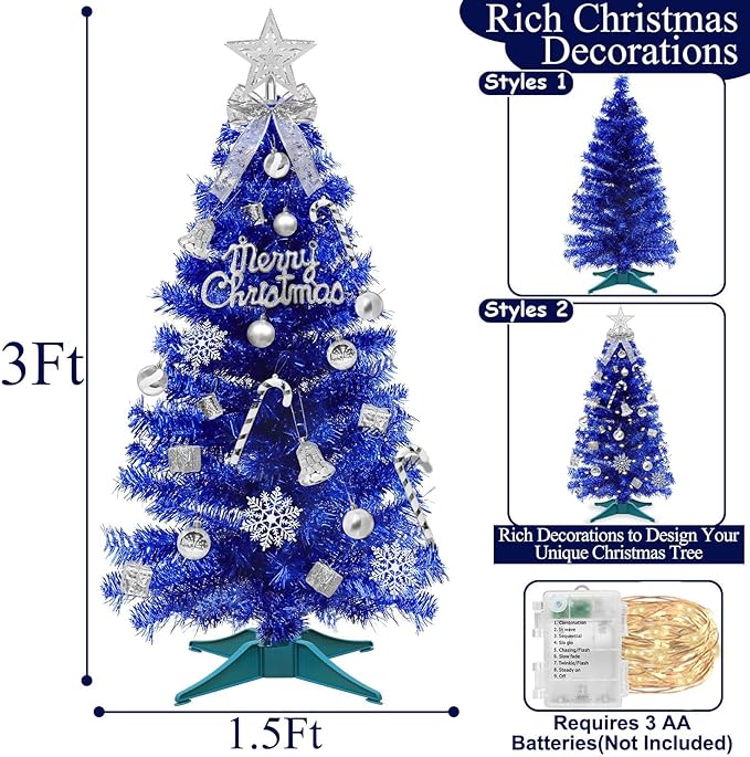 3 Ft Small Christmas Tree Hanukkah Decor with Timer Remote, 8 Modes 50 Warm White&Colorful Change Lights, 3D Star&44 Ornaments, Battery Operated, Mini Christmas Tree Table Indoor Holiday Party Decor