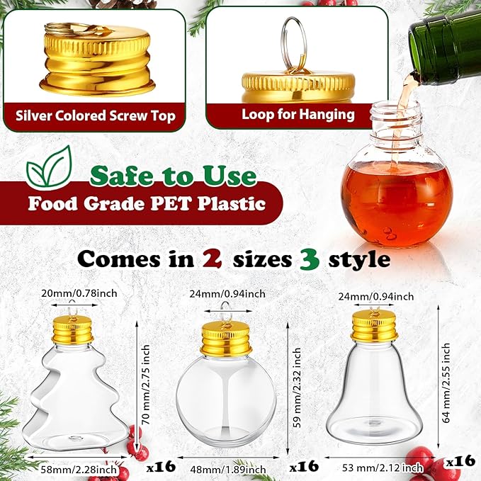 Patelai 18 Pcs Christmas Drink Balls Clear Shot Glass Ornaments Xmas Tree Fillable Ornaments Plastic Xmas Water Bottle Bulbs for Holiday Party Decorations(Round, Bell, Christmas Tree,50 ml)