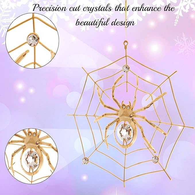 Matashi 24K Gold Plated Crystal Studded Hanging Ornaments for Christmas Tree, Christmas Spider Miracle, Decor - The Tradition of Tinsel Legend Spider on Web Ornament