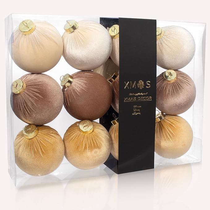 12PCS Velvet Christmas Ornaments Set – 4 Inch Large Flocked Shatterproof Baubles for Xmas Tree Decoration, Hanging Ornaments for Holiday & Home Décor (Gold, Brown, White, 4 Inch / 10 cm)