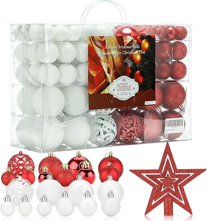 Aitsite 100 Pack Christmas Tree Ornaments Set Mini Shatterproof Holiday Ornaments Balls for Christmas Decorations (Red and White)