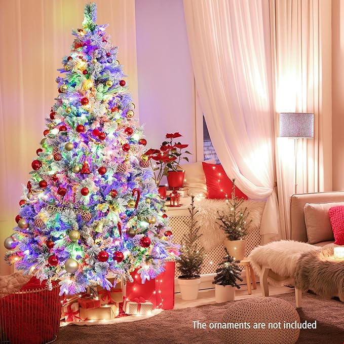 HAPPYGRILL 7 FT Pre-lit Artificial Christmas Tree, Snow-Flocked Xmas Tree with 320 Multi-Color LED Lights, 8 Lighting Modes, 1270 Branch Tips, Pine Needles, Hinged Tree for Home Office Party