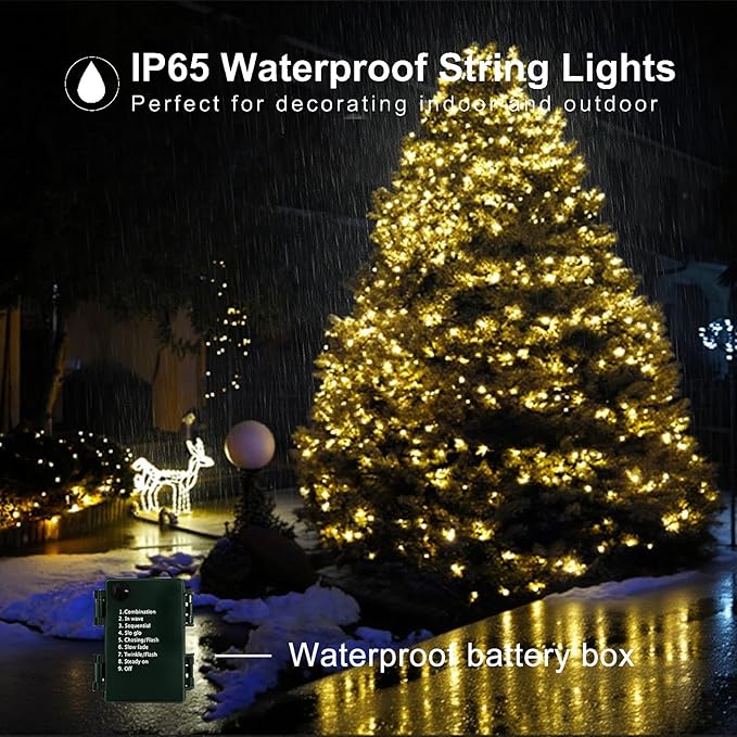 4 Pack 160FT 400 LED Battery Operated Christmas Lights Indoor/Outdoor with Timer & 8 Modes Green Wire Christmas Tree Lights Waterproof Fairy String Lights for Garden Christmas Decoration(Warm White)