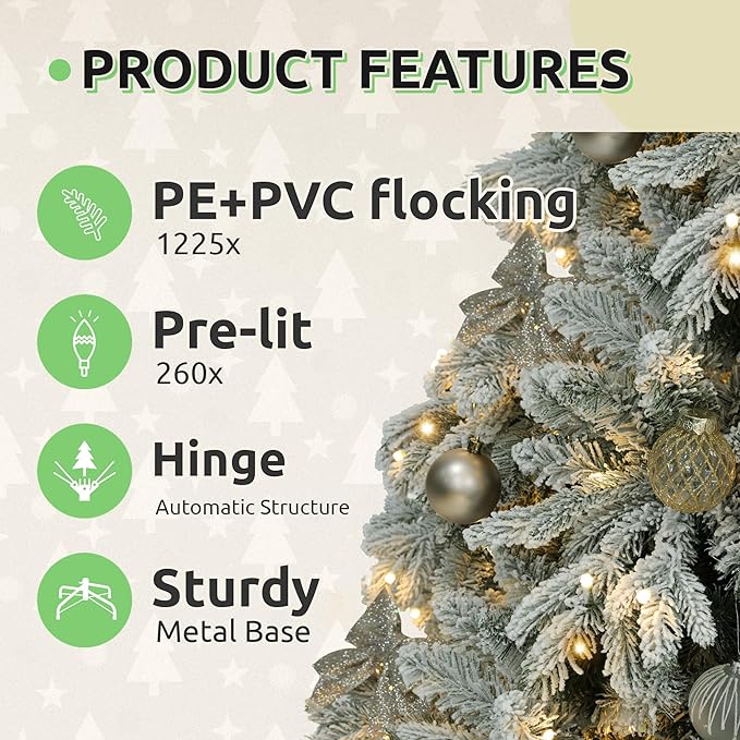 GOOBED 6 FT Pre-Lit Snow Flocked Christmas Tree with Remote, Artificial Hinged Canaan Fir Christmas Tree with 1225 Branch Tips, 260 Lights for Home Office, Holiday Decor, White Flocked