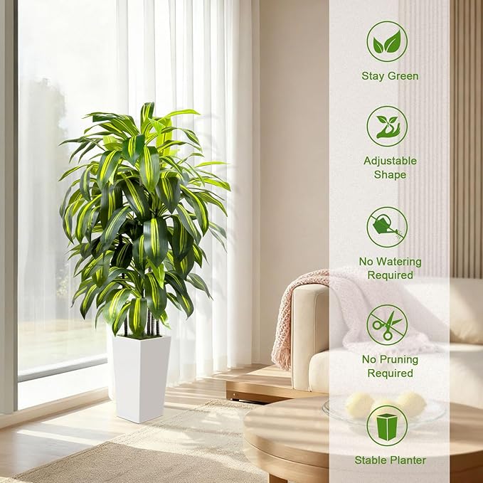 5FT Fake Plant Artificial Dracaena Tree Indoor - Faux Plants Indoor Tall with White Planter - Fake Tree Floor Plant Artificial Plants Decor for Living Room Office