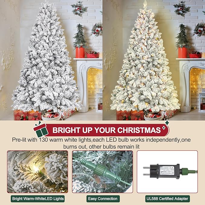 Flocked Pre-lit Christmas Tree 7.5ft, Premium Christmas Tree with Lights - White Flocked Prelit Trees- Artificial Xmas Trees