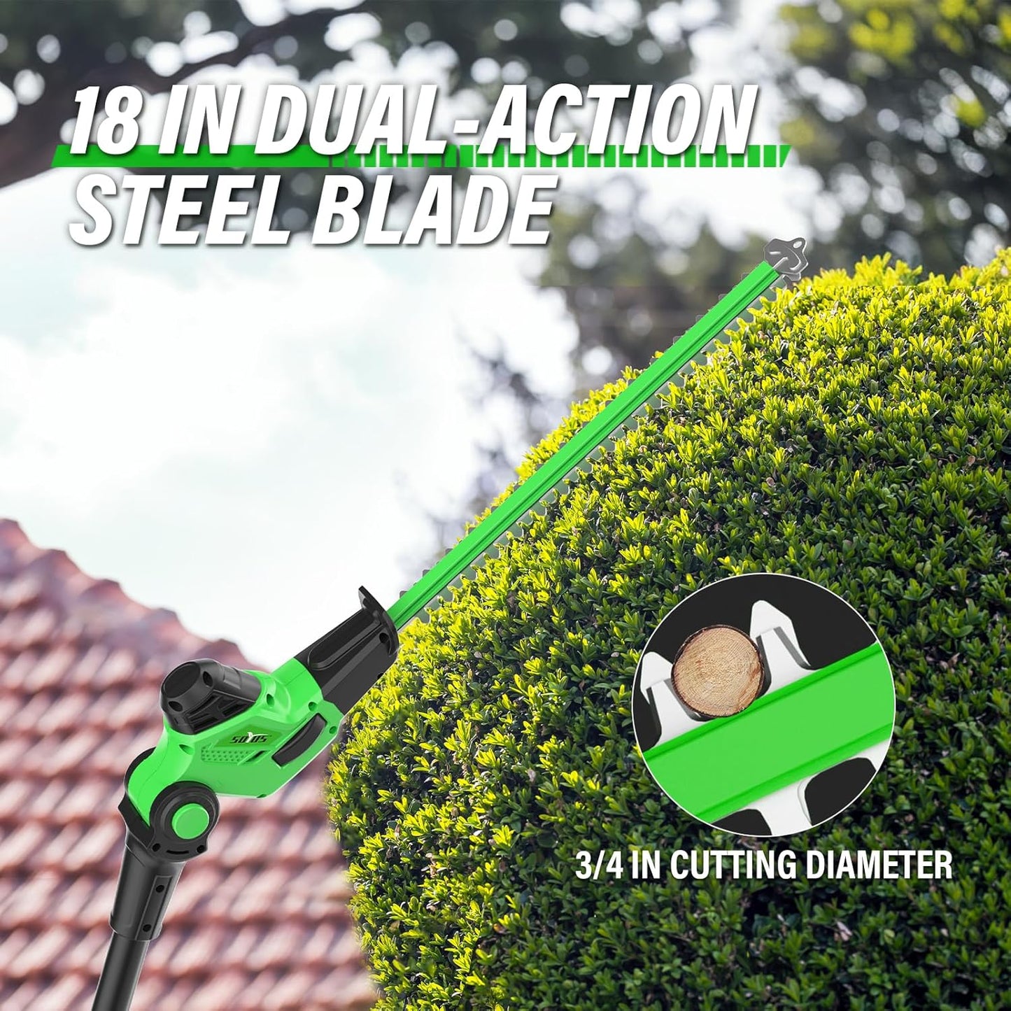 SOYUS Pole Hedge Trimmer Cordless, 18-inch Electric Hedge Trimmer with Extension Pole, 16-Foot Max Reach, Multi-Angle, 2 * 2.0Ah Batteries and Charger Included