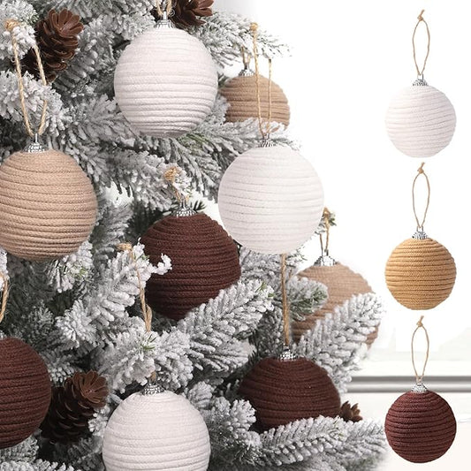 JOICEE 9 Pcs Boho Christmas Ball Ornaments Set, Jute Rope Hanging Balls Neutral Rustic Ornaments Christmas Ball Decoration for Xmas Tree Wreath Garland Party Farmhouse Decor(White,Beige,Dark Brown)