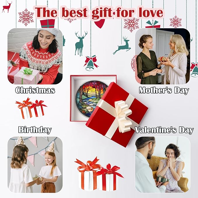 Stained Glass Window Hanging, Red Tree Abstract Sunset Lake Sun Catcher for Window Home Decor Landscape Suncatcher Mother's Day Birthday Gifts for Women Men Mom and Nana 6.3 in