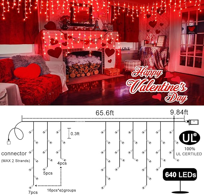 Icicle Lights for Outside, 66ft 640 LED Icicle Christmas Lights Outdoor with 120 Drops 8 Modes, Waterproof Red Christmas Light for House Plug in for Indoor Party Holiday Halloween Decorations