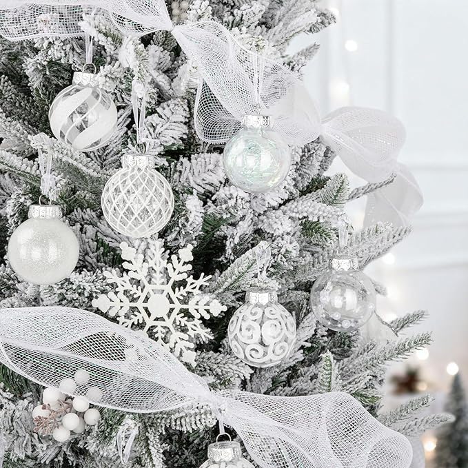 Ouddy Decor 36 Pcs Clear Christmas Ball Ornaments, 2.36" Shatterproof White Plastic Christmas Ornaments Set Decorative Hanging Transparent Baubles for Xmas Tree Holiday Party Decor, White