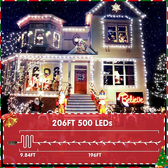 XURISEN Christmas Lights Outdoor 197FT 500 LED Green Wire String Lights 8 Modes with Timer Memory Waterproof Fairy Light Plug in for Xmas Tree Wedding Yard Party Holiday Decorations(Cool White)