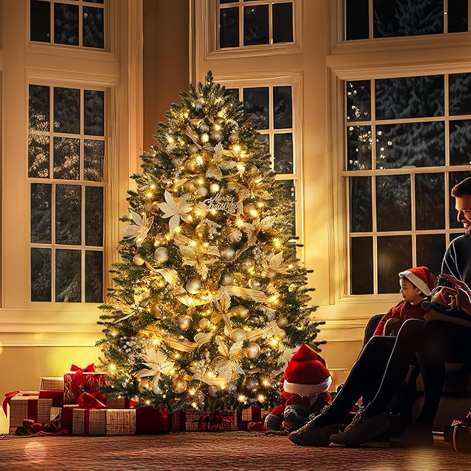 6ft Pre-lit Christmas Tree Hinged Blue Spruce Artificial Christmas Tree with 600 Clear Lights,1668 Branch Tips