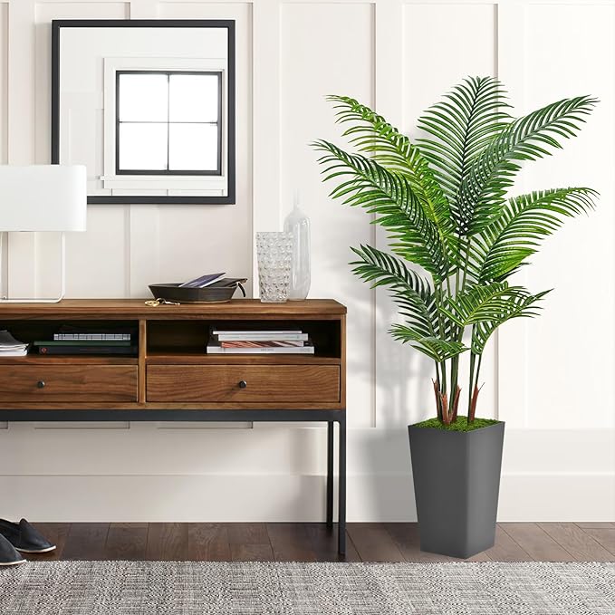 Artificial Palm Tree 5FT - Fake Tree with Gray Tall Planter - Faux Tropical Areca Floor Plant in Pot - Artificial Silk Plant for Home Office Living Room Decor Indoor